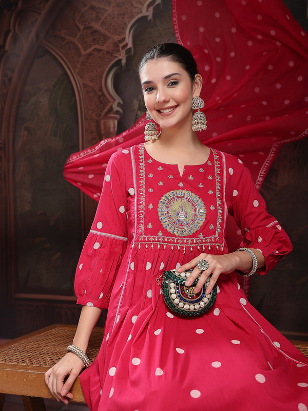 Stylum Women's Pink Printed & Embroidered Cotton Flared Kurta Palazzo Dupatta Set (KPDPINKMORE)