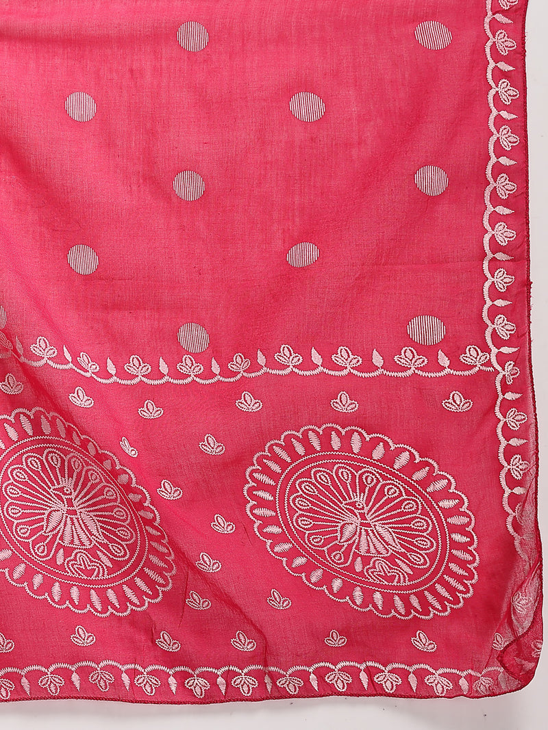 Stylum Women's Pink Printed & Embroidered Cotton Flared Kurta Palazzo Dupatta Set (KPDPINKMORE)