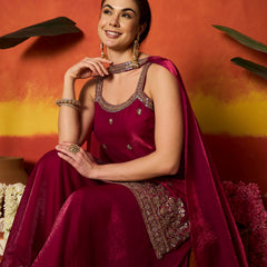 Stylum Women's Pink Solid & Embroidered Silk Blend Straight Kurti Palazzo Dupatta Set (KPDPINKMYSORE)