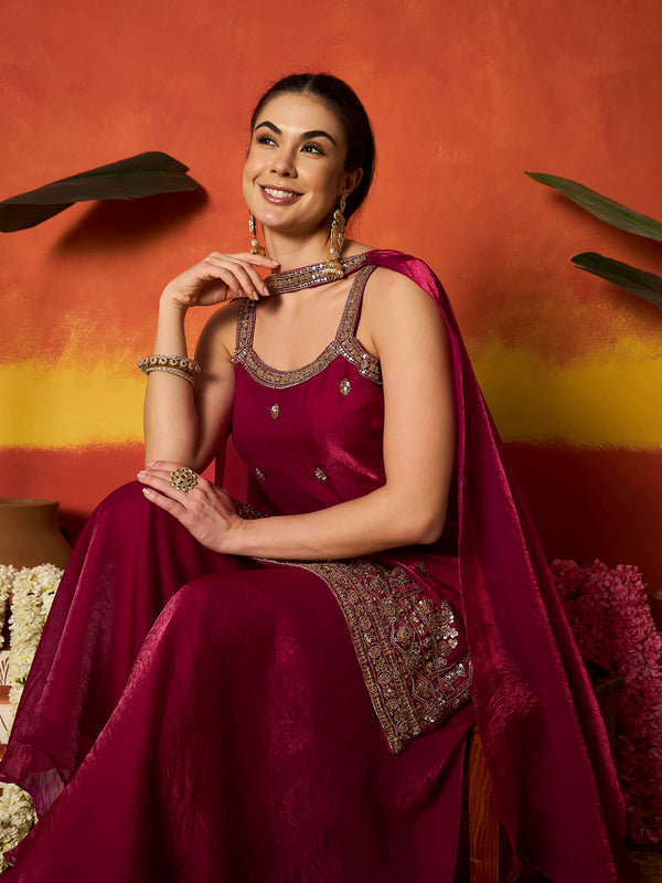 Stylum Women's Pink Solid & Embroidered Silk Blend Straight Kurti Palazzo Dupatta Set (KPDPINKMYSORE)