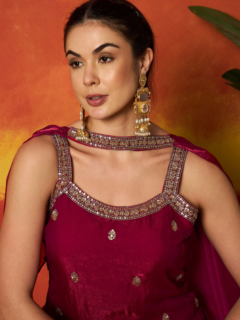 Stylum Women's Pink Solid & Embroidered Silk Blend Straight Kurti Palazzo Dupatta Set (KPDPINKMYSORE)