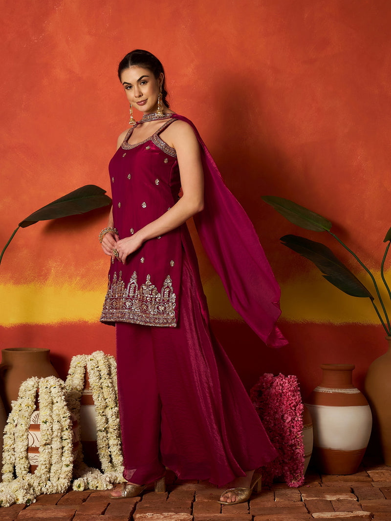 Stylum Women's Pink Solid & Embroidered Silk Blend Straight Kurti Palazzo Dupatta Set (KPDPINKMYSORE)