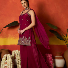 Stylum Women's Pink Solid & Embroidered Silk Blend Straight Kurti Palazzo Dupatta Set (KPDPINKMYSORE)