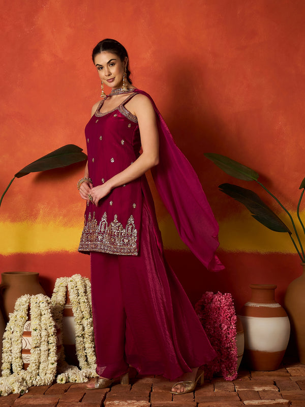 Stylum Women's Pink Solid & Embroidered Silk Blend Straight Kurti Palazzo Dupatta Set (KPDPINKMYSORE)