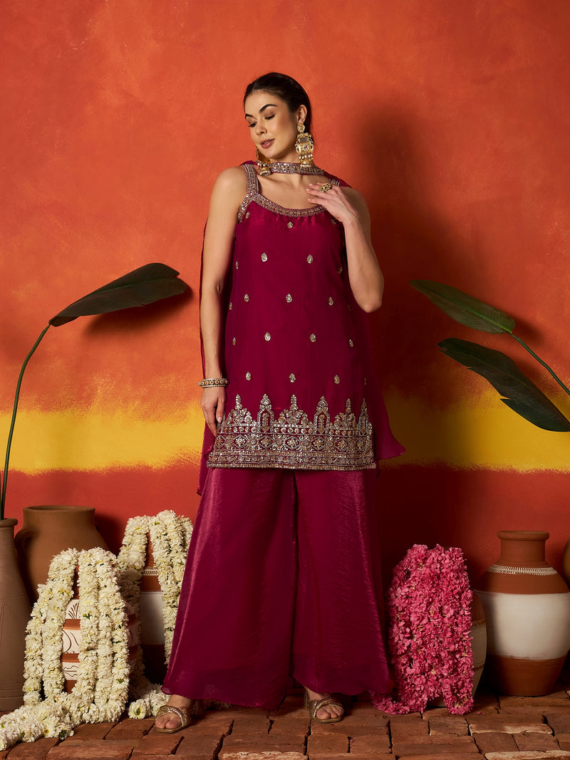 Stylum Women's Pink Solid & Embroidered Silk Blend Straight Kurti Palazzo Dupatta Set (KPDPINKMYSORE)