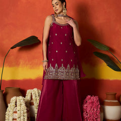 Stylum Women's Pink Solid & Embroidered Silk Blend Straight Kurti Palazzo Dupatta Set (KPDPINKMYSORE)
