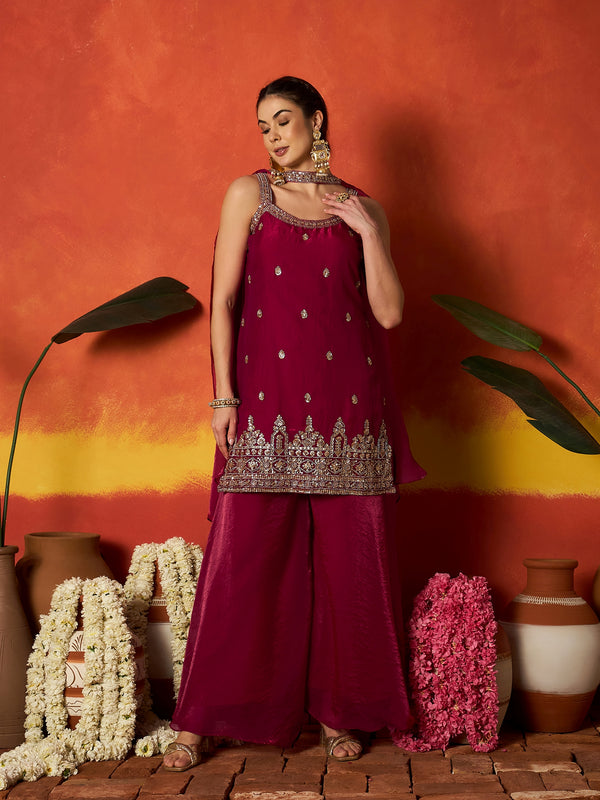Stylum Women's Pink Solid & Embroidered Silk Blend Straight Kurti Palazzo Dupatta Set (KPDPINKMYSORE)