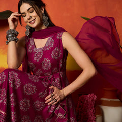 Stylum Women's Pink Ethnic Motif Printed Rayon Anarkali Kurta Pant Dupatta Set (KPDPINKOSLO)