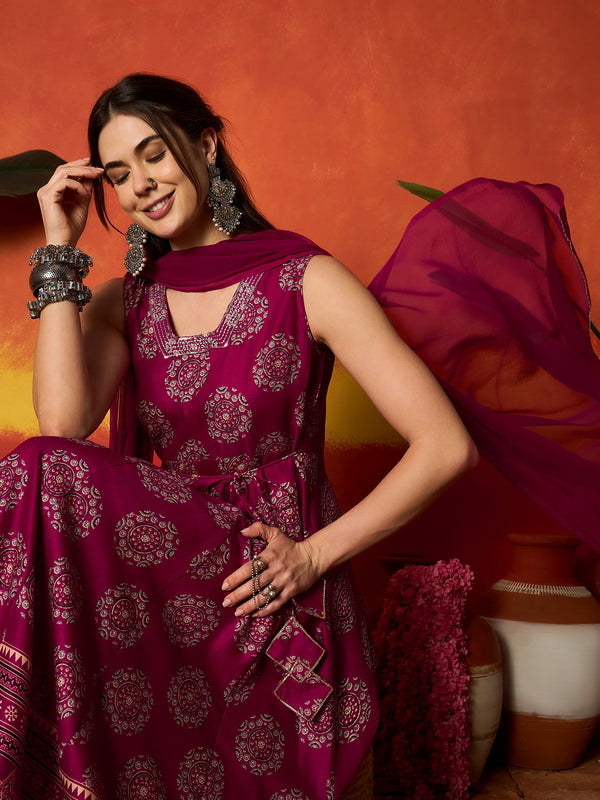 Stylum Women's Pink Ethnic Motif Printed Rayon Anarkali Kurta Pant Dupatta Set (KPDPINKOSLO)