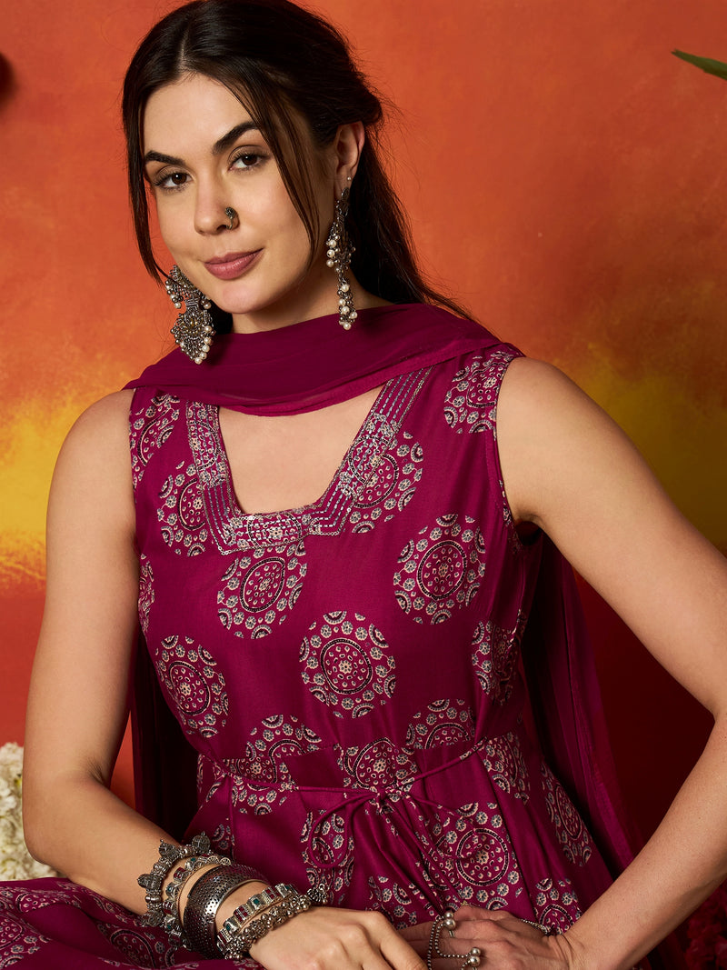 Stylum Women's Pink Ethnic Motif Printed Rayon Anarkali Kurta Pant Dupatta Set (KPDPINKOSLO)