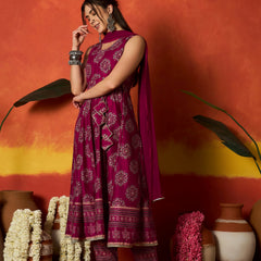 Stylum Women's Pink Ethnic Motif Printed Rayon Anarkali Kurta Pant Dupatta Set (KPDPINKOSLO)