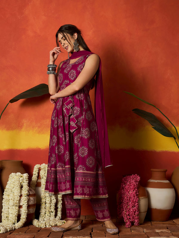 Stylum Women's Pink Ethnic Motif Printed Rayon Anarkali Kurta Pant Dupatta Set (KPDPINKOSLO)