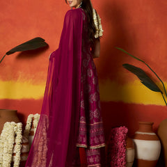 Stylum Women's Pink Ethnic Motif Printed Rayon Anarkali Kurta Pant Dupatta Set (KPDPINKOSLO)