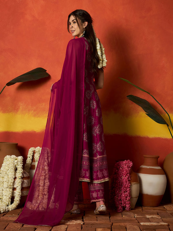 Stylum Women's Pink Ethnic Motif Printed Rayon Anarkali Kurta Pant Dupatta Set (KPDPINKOSLO)