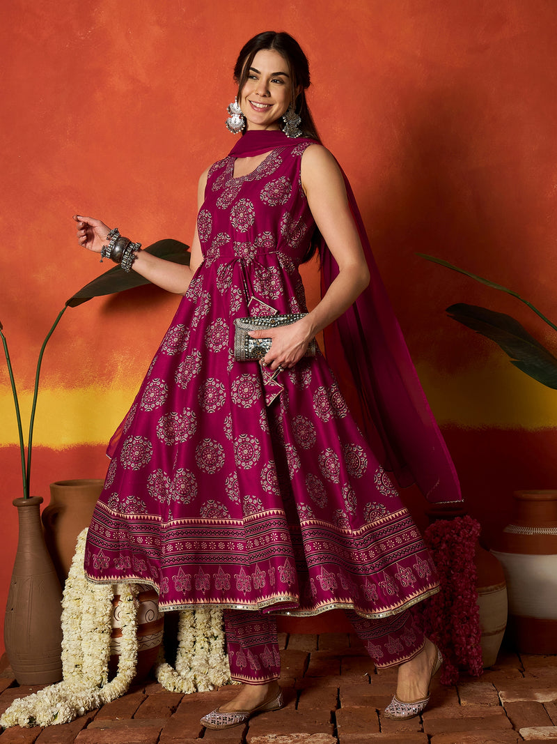 Stylum Women's Pink Ethnic Motif Printed Rayon Anarkali Kurta Pant Dupatta Set (KPDPINKOSLO)