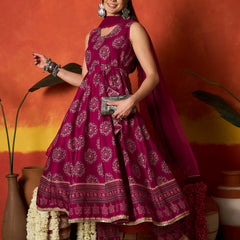 Stylum Women's Pink Ethnic Motif Printed Rayon Anarkali Kurta Pant Dupatta Set (KPDPINKOSLO)