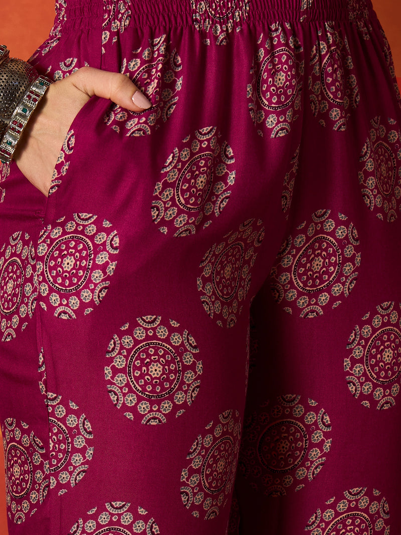 Stylum Women's Pink Ethnic Motif Printed Rayon Anarkali Kurta Pant Dupatta Set (KPDPINKOSLO)