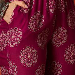 Stylum Women's Pink Ethnic Motif Printed Rayon Anarkali Kurta Pant Dupatta Set (KPDPINKOSLO)