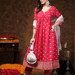 Stylum Women's Pink Printed & Embroidered Rayon Anarkali Kurta Pant Dupatta Set (KPDPINKPABLO)