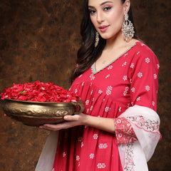 Stylum Women's Pink Printed & Embroidered Rayon Anarkali Kurta Pant Dupatta Set (KPDPINKPABLO)