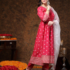 Stylum Women's Pink Printed & Embroidered Rayon Anarkali Kurta Pant Dupatta Set (KPDPINKPABLO)