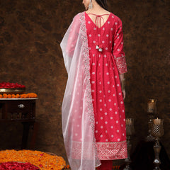 Stylum Women's Pink Printed & Embroidered Rayon Anarkali Kurta Pant Dupatta Set (KPDPINKPABLO)