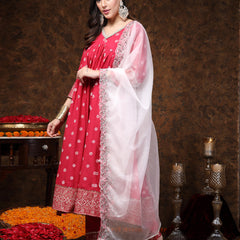 Stylum Women's Pink Printed & Embroidered Rayon Anarkali Kurta Pant Dupatta Set (KPDPINKPABLO)