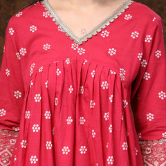 Stylum Women's Pink Printed & Embroidered Rayon Anarkali Kurta Pant Dupatta Set (KPDPINKPABLO)