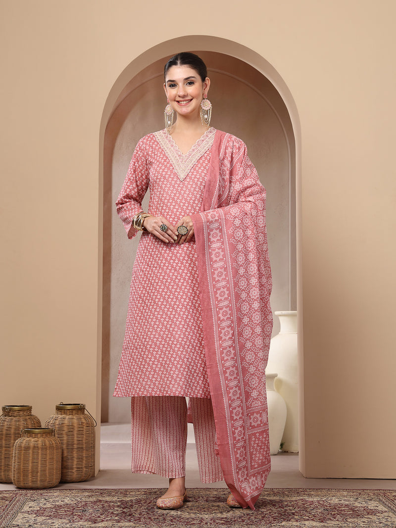 Stylum Women's Pink Ethnic Motif Printed Cotton Straight Kurta Palazzo Dupatta Set (KPDPINKPADMA)