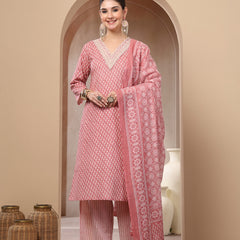 Stylum Women's Pink Ethnic Motif Printed Cotton Straight Kurta Palazzo Dupatta Set (KPDPINKPADMA)