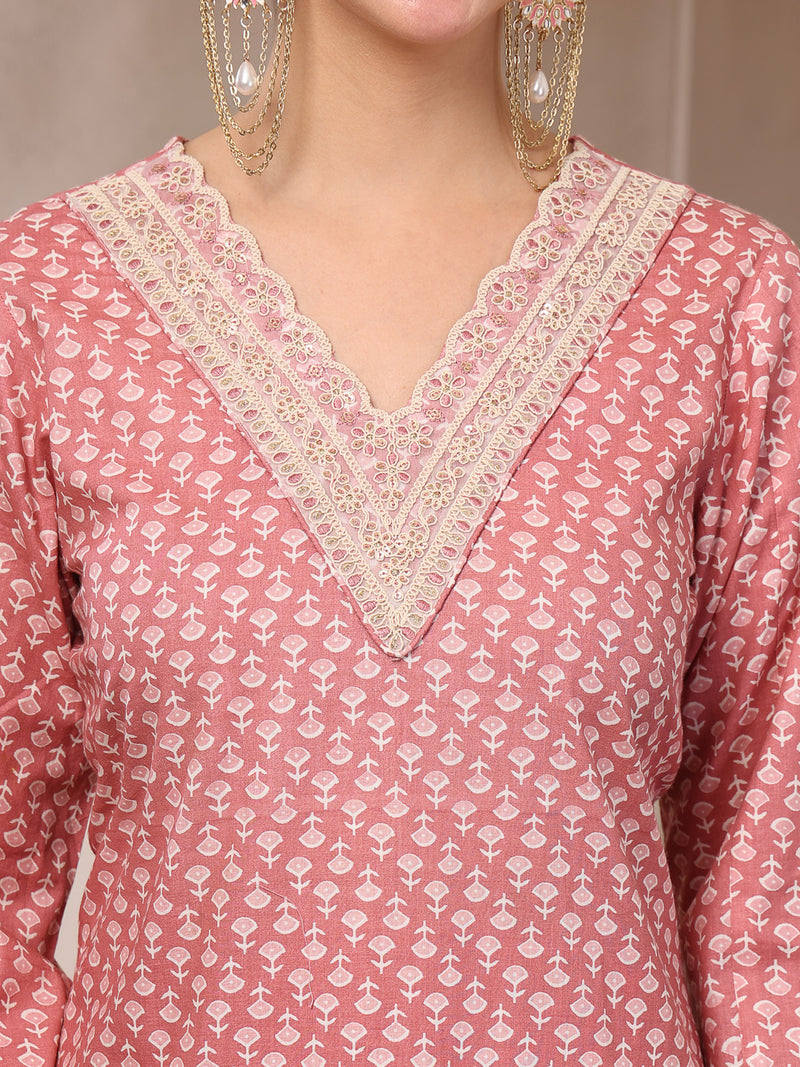 Stylum Women's Pink Ethnic Motif Printed Cotton Straight Kurta Palazzo Dupatta Set (KPDPINKPADMA)