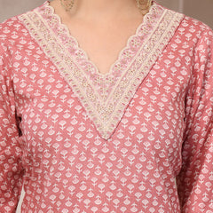 Stylum Women's Pink Ethnic Motif Printed Cotton Straight Kurta Palazzo Dupatta Set (KPDPINKPADMA)