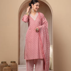 Stylum Women's Pink Ethnic Motif Printed Cotton Straight Kurta Palazzo Dupatta Set (KPDPINKPADMA)