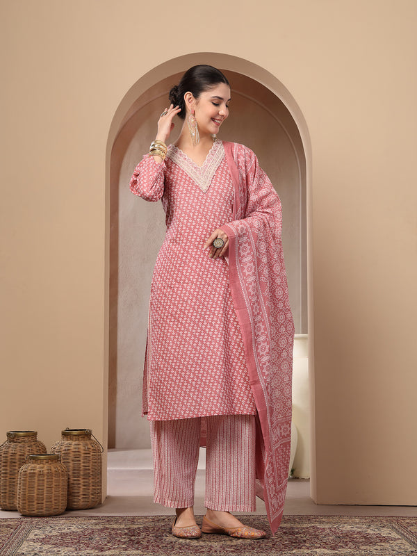 Stylum Women's Pink Ethnic Motif Printed Cotton Straight Kurta Palazzo Dupatta Set (KPDPINKPADMA)