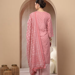 Stylum Women's Pink Ethnic Motif Printed Cotton Straight Kurta Palazzo Dupatta Set (KPDPINKPADMA)