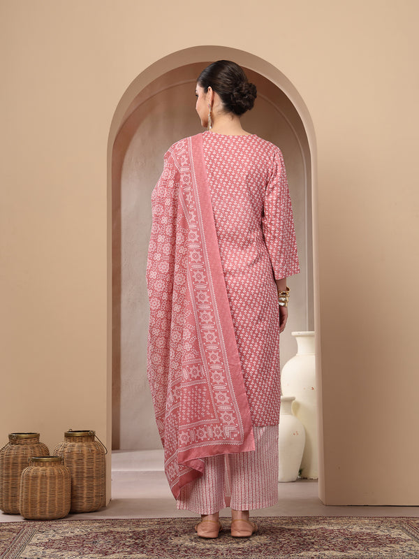 Stylum Women's Pink Ethnic Motif Printed Cotton Straight Kurta Palazzo Dupatta Set (KPDPINKPADMA)