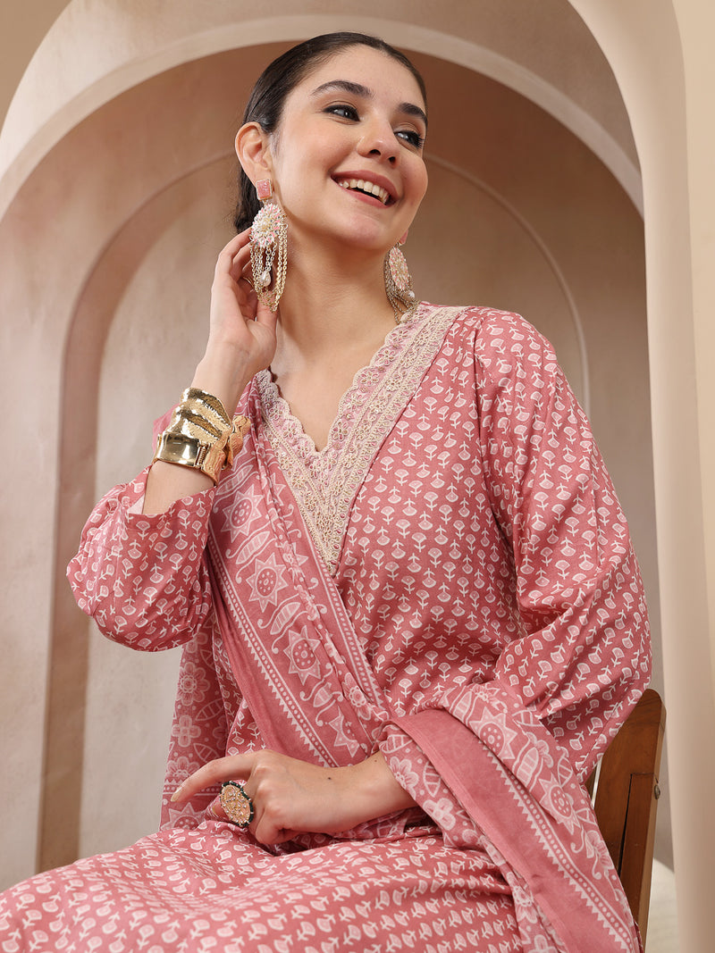 Stylum Women's Pink Ethnic Motif Printed Cotton Straight Kurta Palazzo Dupatta Set (KPDPINKPADMA)
