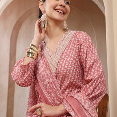 Stylum Women's Pink Ethnic Motif Printed Cotton Straight Kurta Palazzo Dupatta Set (KPDPINKPADMA)