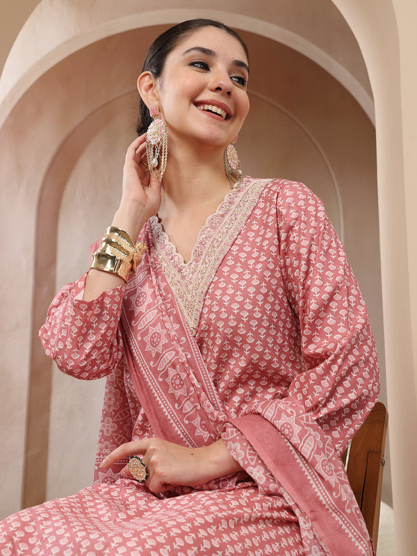 Stylum Women's Pink Ethnic Motif Printed Cotton Straight Kurta Palazzo Dupatta Set (KPDPINKPADMA)