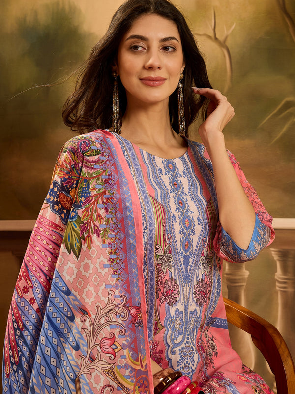 Stylum Women's Pink Printed Muslin Straight Pakistani Kurta Pant Dupatta Set (KPDPINKPATNA)