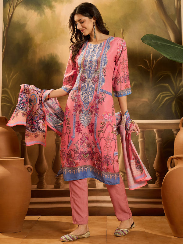 Stylum Women's Pink Printed Muslin Straight Pakistani Kurta Pant Dupatta Set (KPDPINKPATNA)