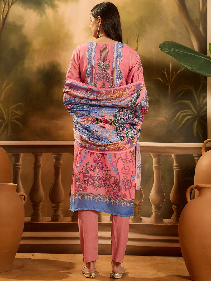 Stylum Women's Pink Printed Muslin Straight Pakistani Kurta Pant Dupatta Set (KPDPINKPATNA)