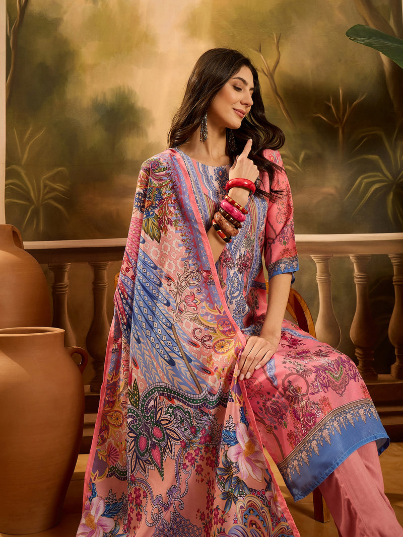 Stylum Women's Pink Printed Muslin Straight Pakistani Kurta Pant Dupatta Set (KPDPINKPATNA)