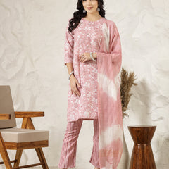Stylum Women's Pink Tropical Printed Silk Blend Straight Kurta Pant Dupatta Set (KPDPINKPEARL)