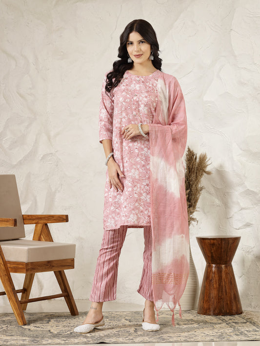 Stylum Women's Pink Tropical Printed Silk Blend Straight Kurta Pant Dupatta Set (KPDPINKPEARL)