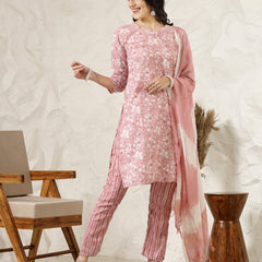 Stylum Women's Pink Tropical Printed Silk Blend Straight Kurta Pant Dupatta Set (KPDPINKPEARL)