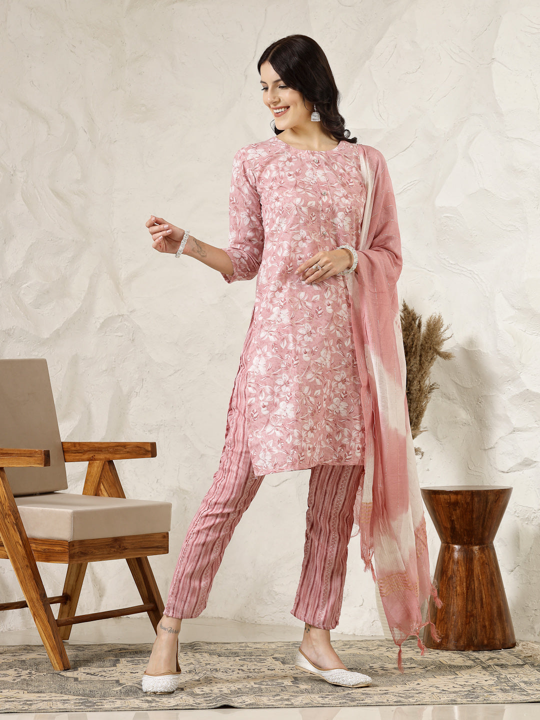 Stylum Women's Pink Tropical Printed Silk Blend Straight Kurta Pant Dupatta Set (KPDPINKPEARL)