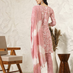 Stylum Women's Pink Tropical Printed Silk Blend Straight Kurta Pant Dupatta Set (KPDPINKPEARL)