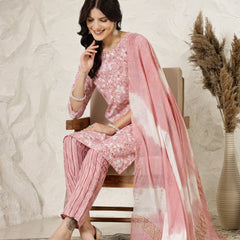 Stylum Women's Pink Tropical Printed Silk Blend Straight Kurta Pant Dupatta Set (KPDPINKPEARL)
