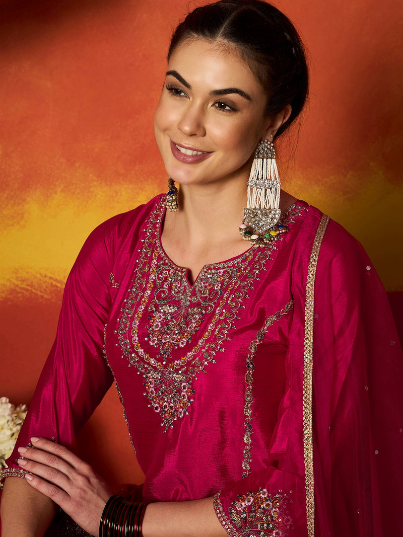 Stylum Women's Pink Solid & Embroidered Silk Blend Straight Kurti Palazzo With Dupatta (KPDPINKRAKUL)